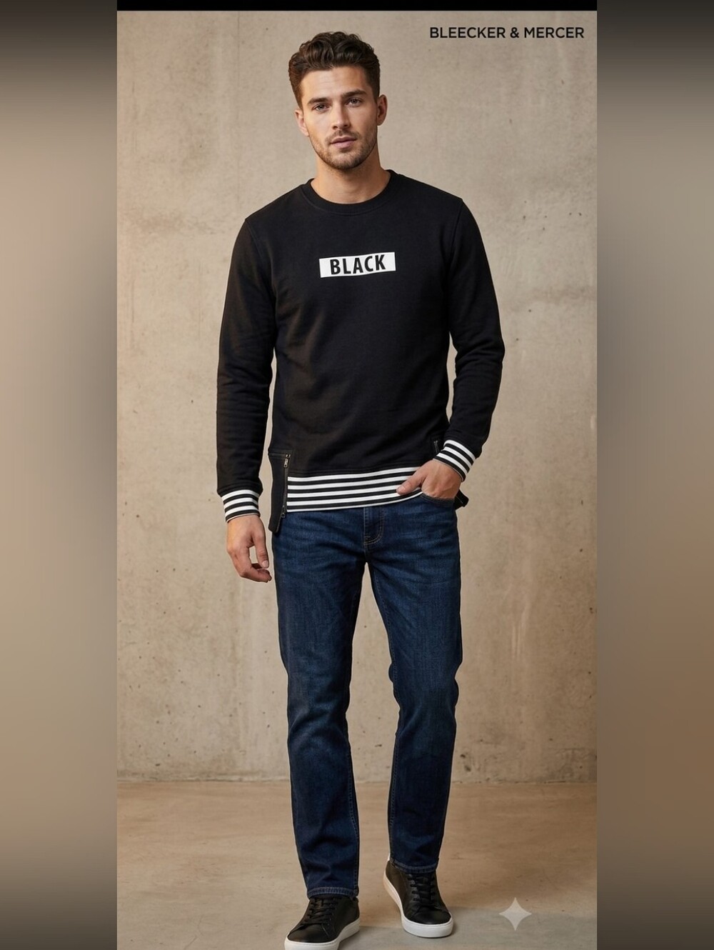 Bleecker & Mercer mens "BLACK" graphic layered Sweatshirt removable detail Small